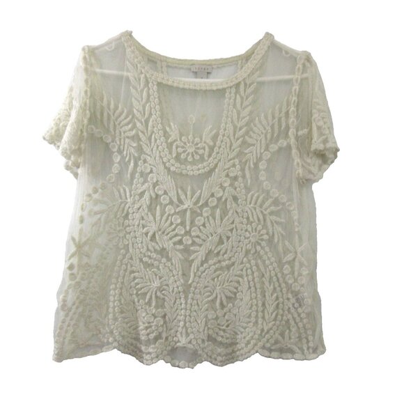 Hinge Womens Top Size Small White Floral Embroidered Lace Short Sleeve Mesh - Picture 1 of 5